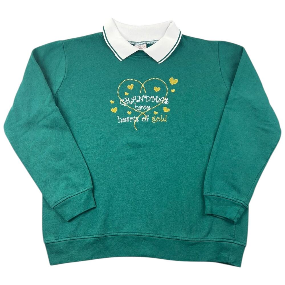Vintage Adrian Delafield Grandma Hearts of Gold Green Collared Sweatshirt - L